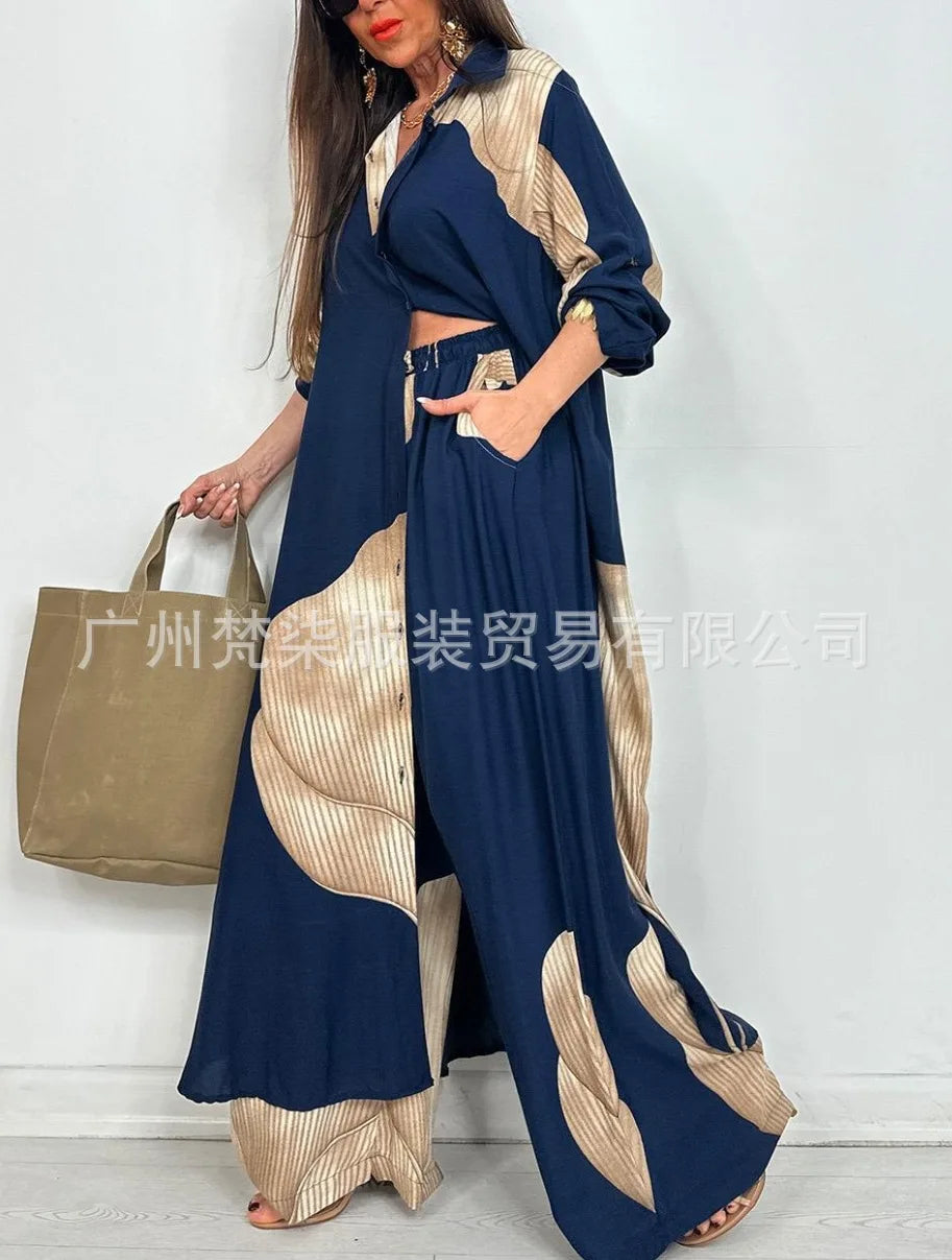 Fashion Loose Printed Long Sleeve 2-piece Set Women's Single-breasted Cardigan Robe Wide-leg Pants Casual Two-piece Outfit Woman