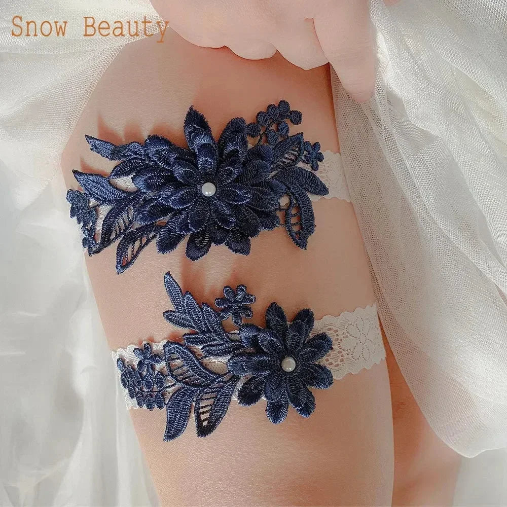 K03 2 PCS Sexy Lace Flower Crystal  Pearls Wedding Garter Belt Thigh Ring Bridal Leg Garter Stocking Garter Belt Girl Women