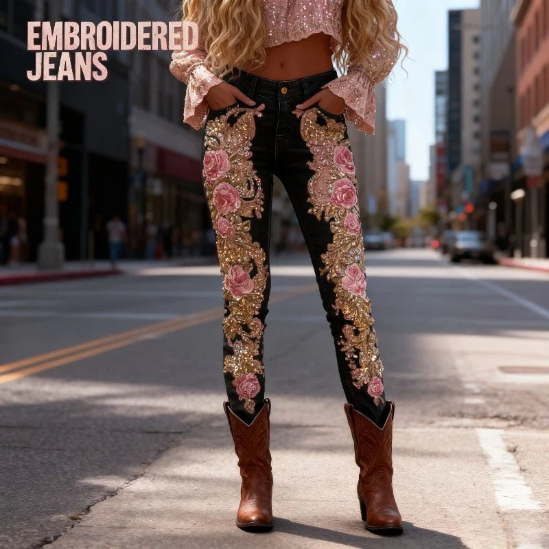 3D Floral Women's Straight Leg Jeans Fashionable and Casual Stretch Denim Pants Comfortable Daily Wear Street Style