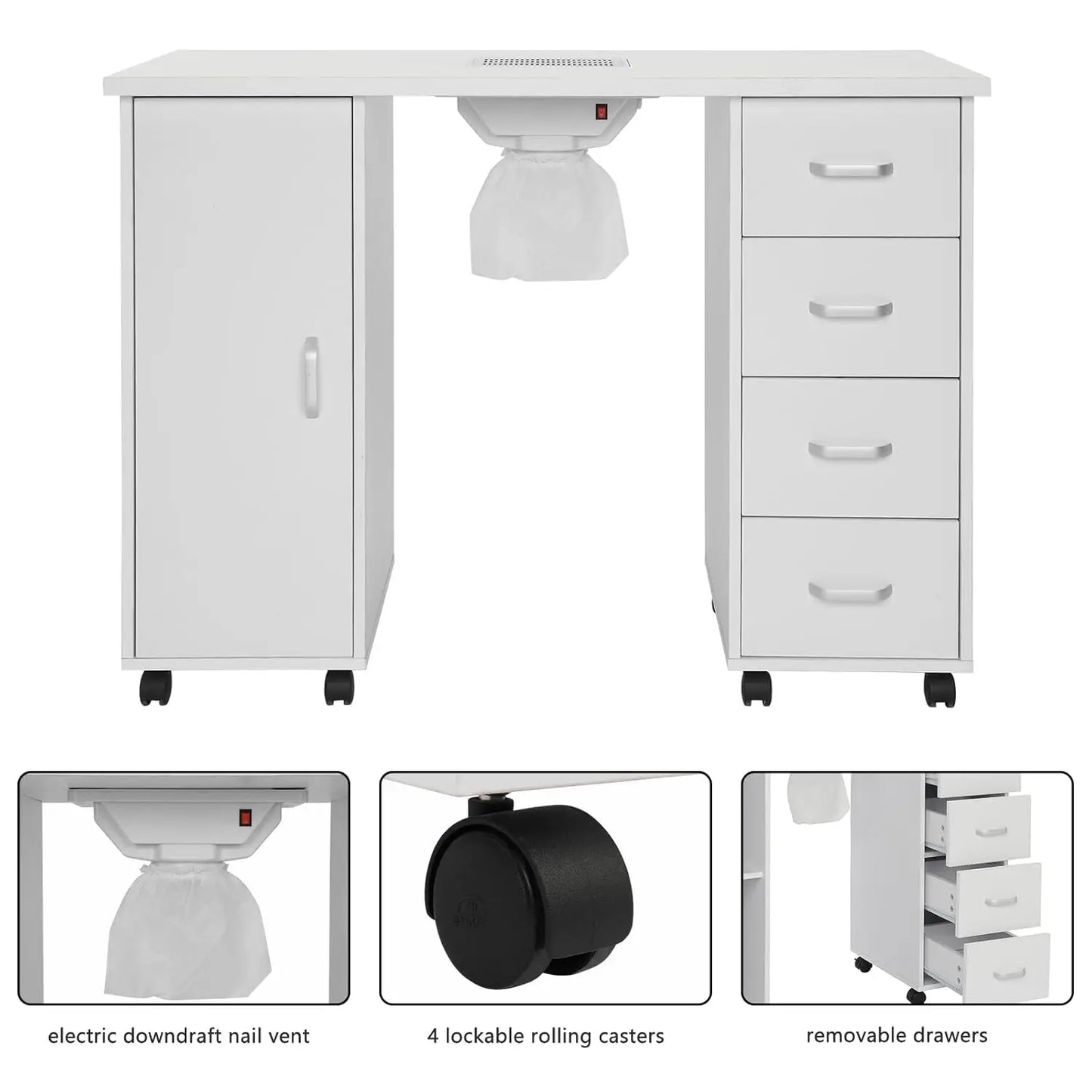 Manicure Nail Table, White Salon Desk with Dust Collector, 4 Drawers | Side Cabinet, Removable Drawers, Rolling, Customized