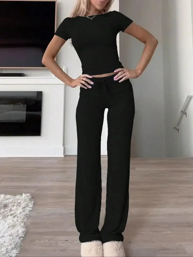 2 Pieces Women Sets 2025 New Fashion Casual Europe Short-Sleeved Tops+Long Pants Sportswear Yoga Wear Women's Clothing