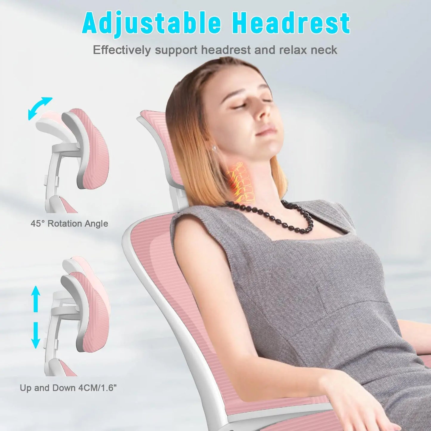 Pink Ergonomic Office Chair, Liftable High Back Gaming Chair with Lumbar Support Swivel Desk Gaming Chair Seat Depth Adjustable