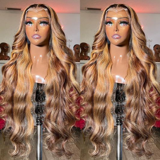 Peluca de cabello humano con mechas 13x4 de encaje frontal, pelucas de cabello humano de color para mujeres, peluca de encaje frontal de 30 pulgadas, rubia miel, con ondas corporales