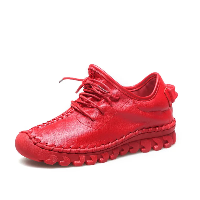 Handmade Genuine Leather Women Shoes Fashion Casual Sneakers Retro Flats Ladies Lacing Loafers Breathable Vulcanized Shoes