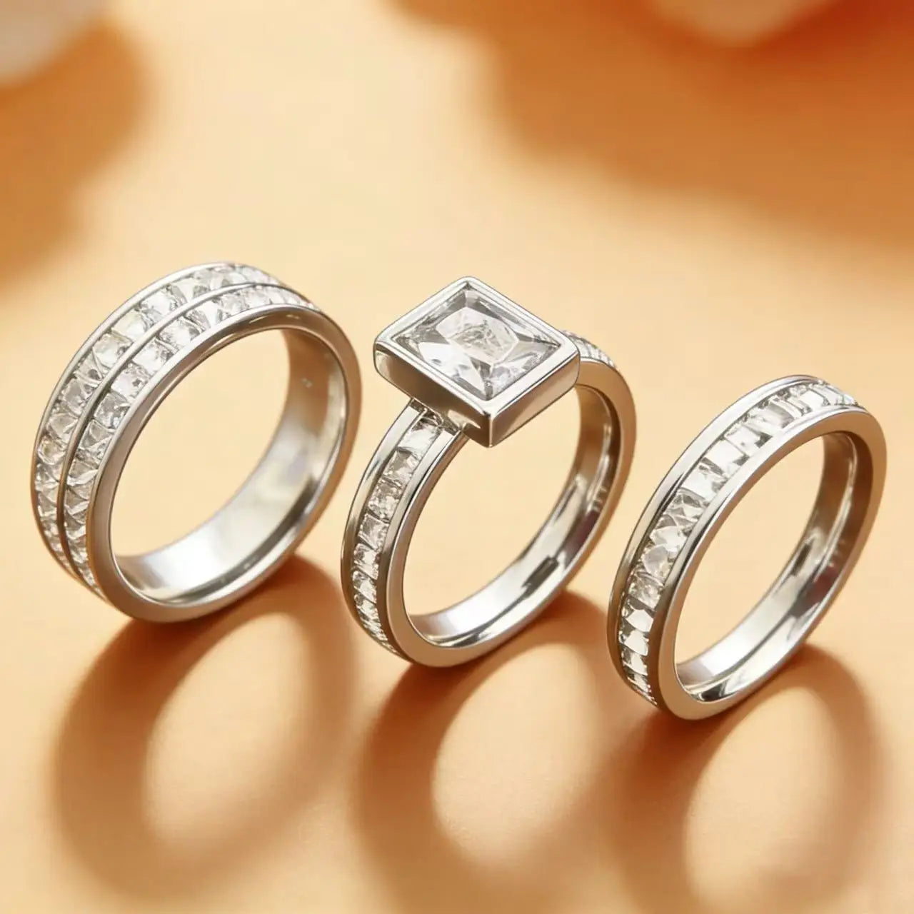 3PCS Set Gold Plated Zirconia (cz) Wedding Engagement Band Stainless