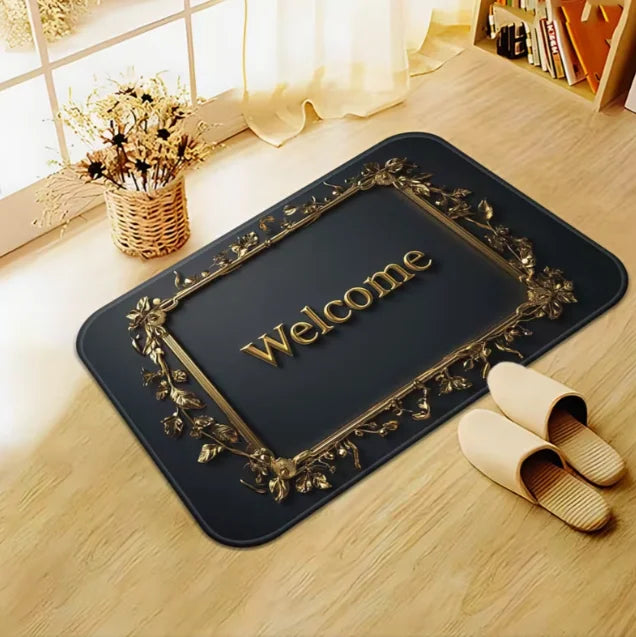 Elegant 3D Gold Frame Welcome Door Mats Water Absorbing Bathroom Mat Floral Design Blue and Gold Home Entrances or Bathrooms
