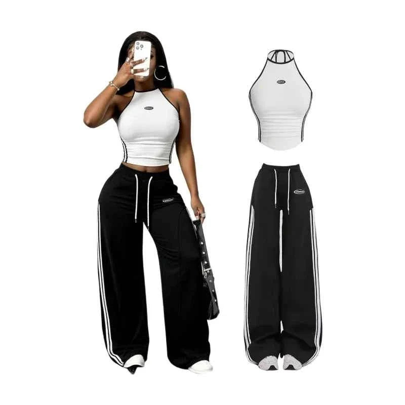 Women Halter Striped Crop Top and Wide Leg Pants