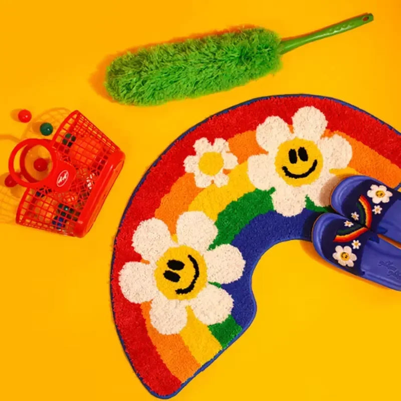 VIKAMA Cartoon Rainbow Floral Rug Soft Non-Slip Doormat For Home Use Bathroom Mat Bedside Rug For Bedroom Home Decor