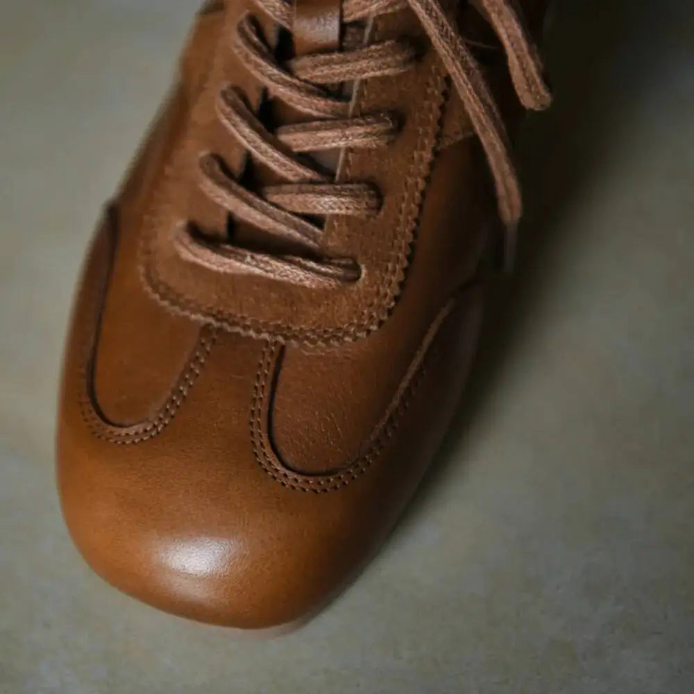 Leather Retro Women's Deqin Shoes Spring Autumn New Style Versatile Square Head Flat Bottom Genuine Leather Sports Shoes
