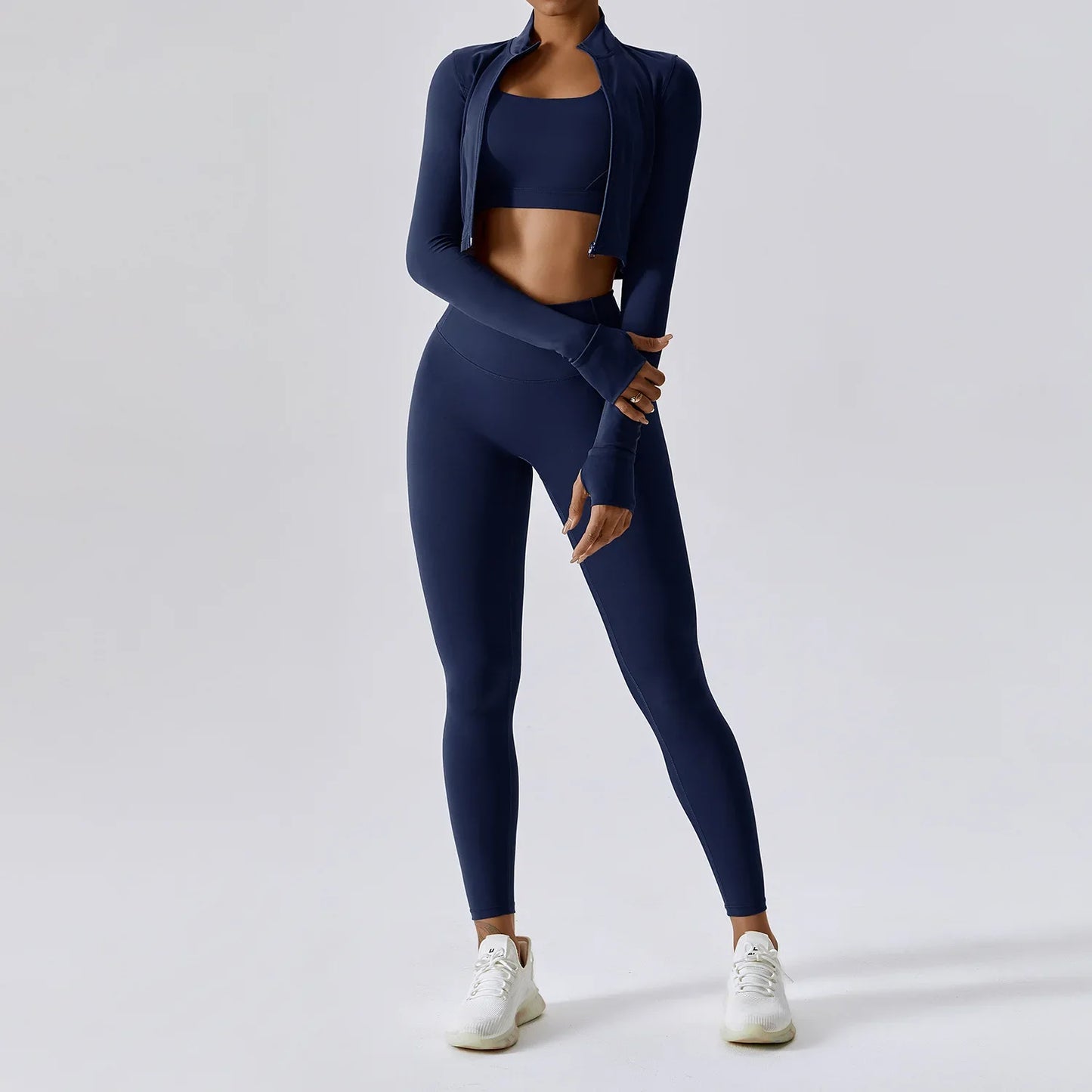 Conjunto Deportivo de 3 Piezas para Entrenar: Sujetador Deportivo, Leggings de Gimnasio de Tiro Alto y Manga Larga