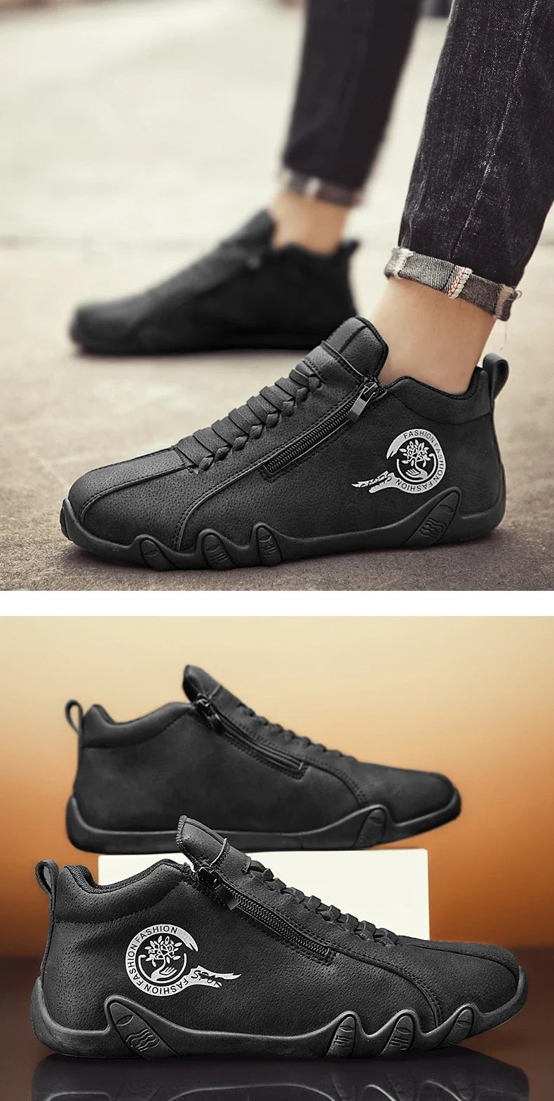 Men's Casual Shoes Side Zipper Short Boots Versatile Flats Bottom Trbottomyy Fashion Pu Leather Men's Shoes Spring Suitable for Outdoor Sports