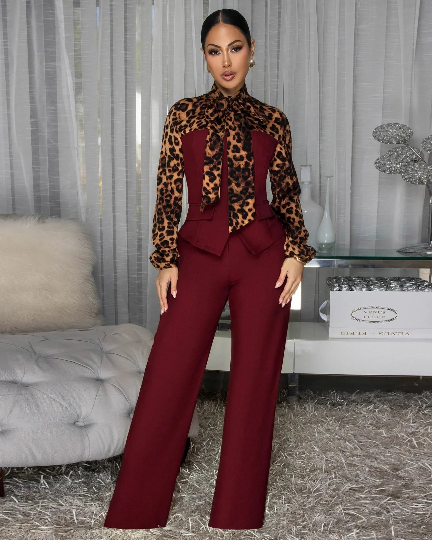 2 Pcs Women Chic Pants Suit Casual Leopard Patchwork Slim Top