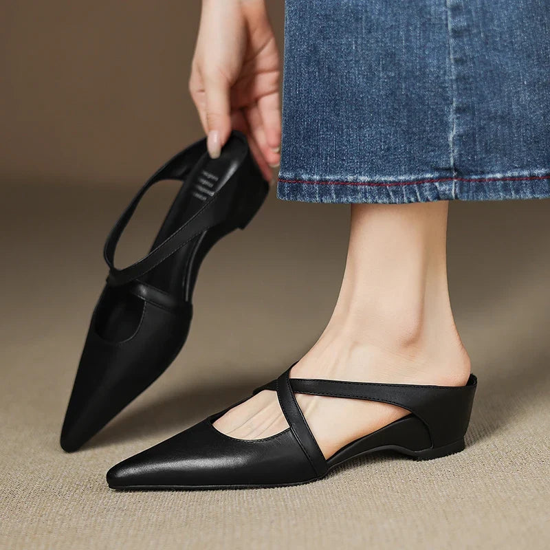 2026 New Summer Women Mules Genuine Leather Women Shoes Pointed Toe Low Heel Cover Toe Slingback Modern Slippers Ladies Shoes