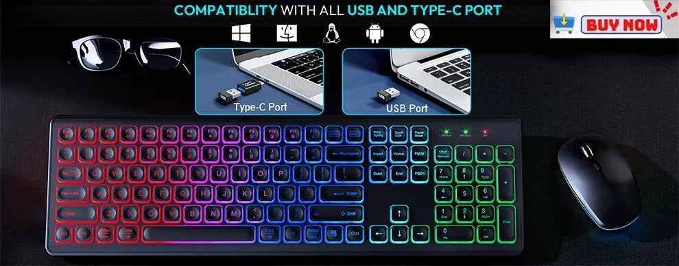 2.4G&Type-C Wireless Keyboard Mouse Combo with Wrist Rest,RGB Backlit,Silent Rechargeable Set for PC,Laptop,Window,Jiggler Mouse