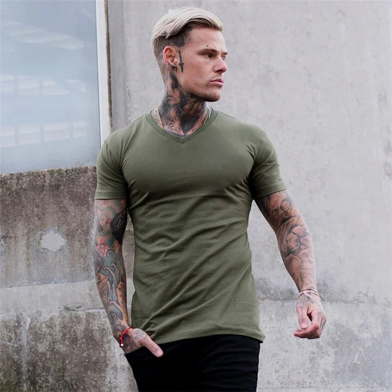 Hombres Moda Cuello V Manga Corta Fitness Ejercicio Verano Algodón Transpirable