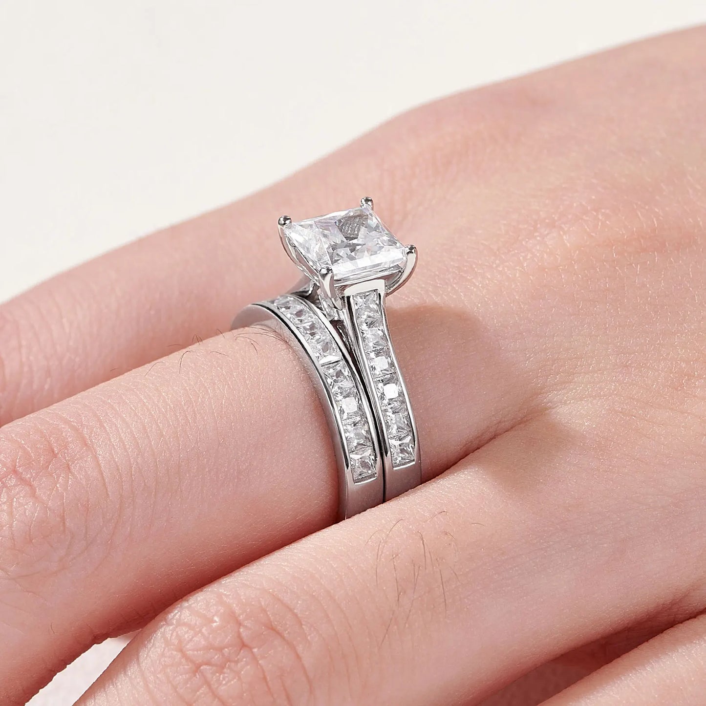 Newshe 2 Pcs GRA Certified Moissanite Princess Cut Wedding Rings Set for Women 925 Sterling Silver Engagement Ring Jewelry