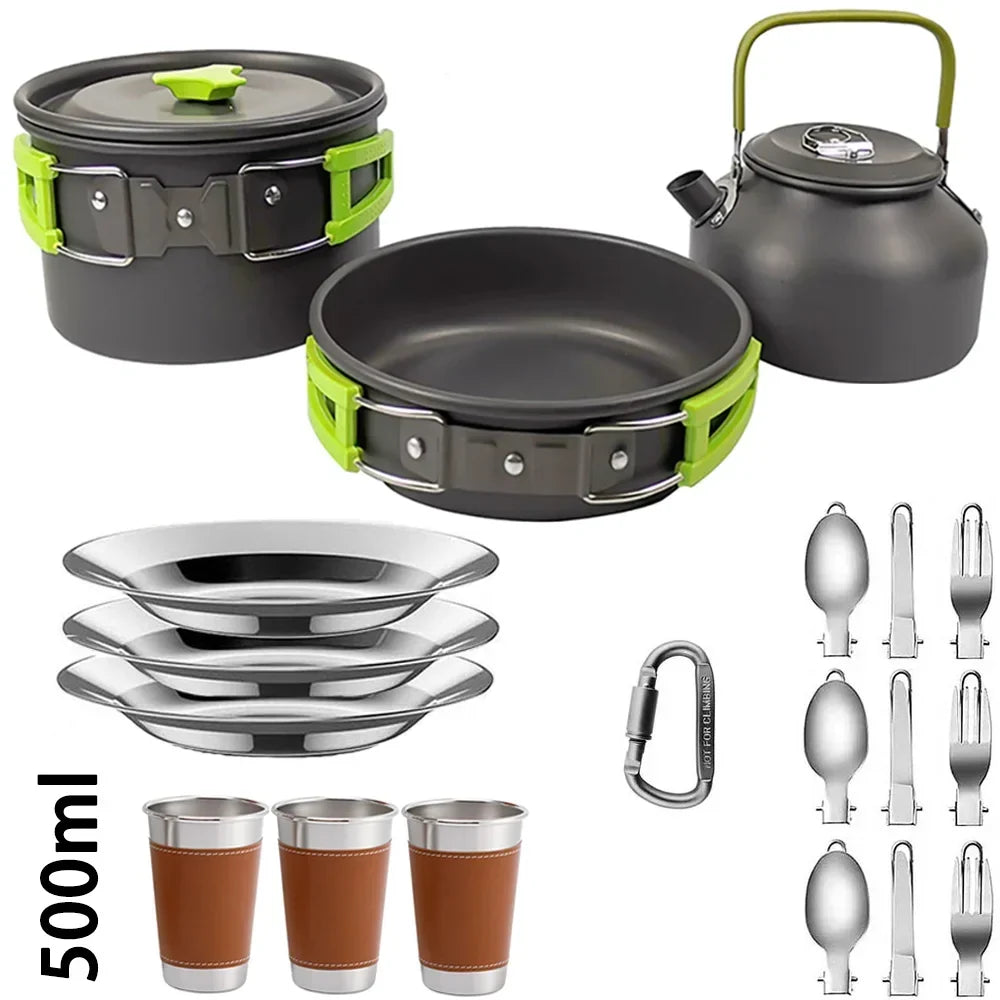2-3 Person Non-Stick Camping Cookware Set, Portable Outdoor Picnic Travel Tableware with Teapot