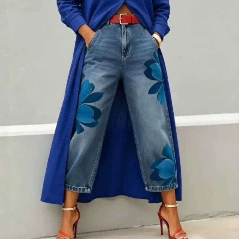 2026 New Fashion Floral Print Wide Leg Jeans Casual Cotton Denim High Waist Nine-Pants Trendy Plus Size Trousers High Street