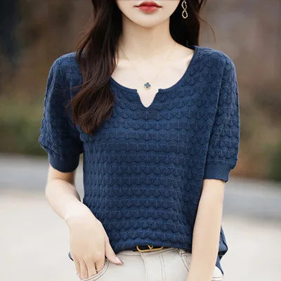 Women's T-shirt Summer New 100% Pure Cotton Tees Casual Solid Knitted Short sleeved V-neck Pullover Loose Tops Fashion Sweater