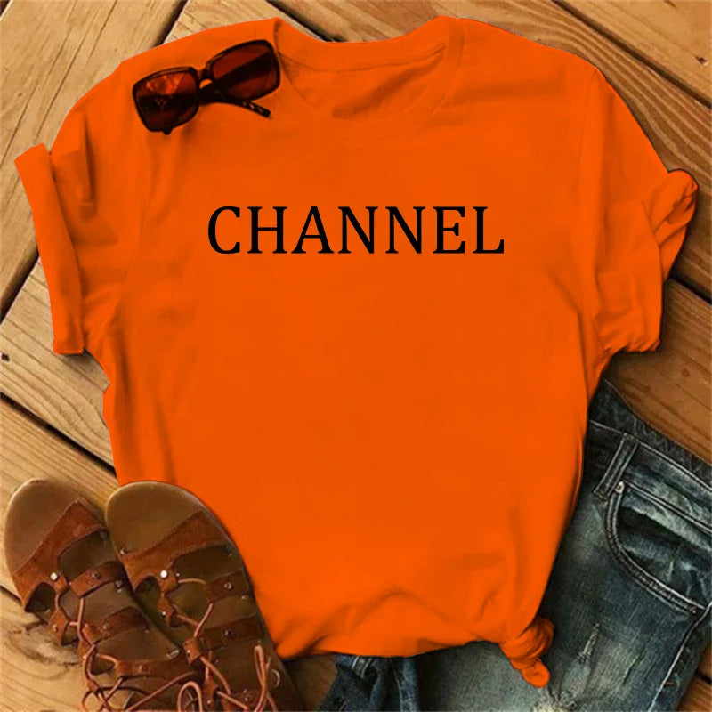 100% pure cotton summer loose-fitting CHANNEL letter print casual fitted round-neck short-sleeve t-shirt top
