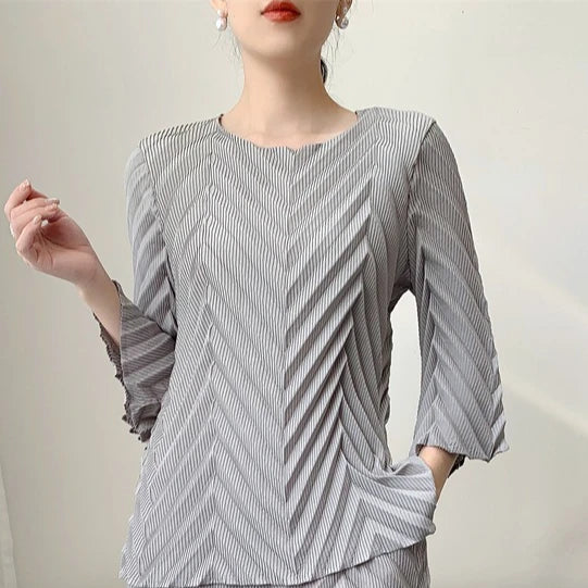 2026 Spring New Women Handmade Pleated Pants Set Comfortable Casual Seven Sleeve T-Shirt Top Loose Wide Leg Pants 2 Piece Set