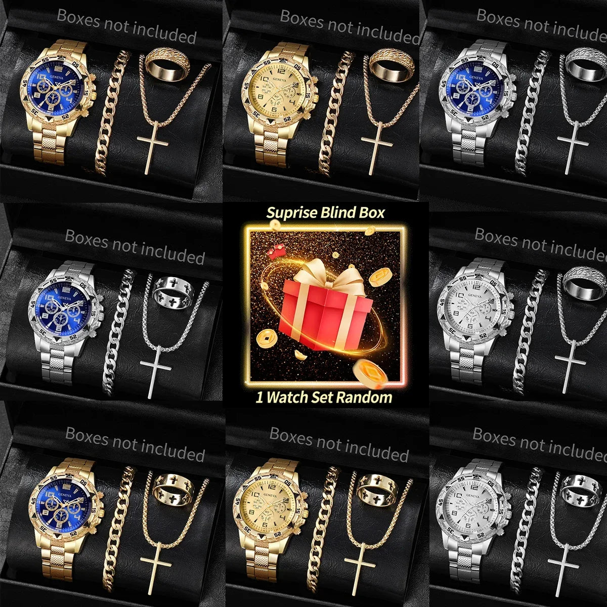 Surprise Mystery Watch Set Blind Box-4PCS/Set Fashion Men Business Watch Quartz Wristwatch Jewelry Set Reloj Hombre（Without Box）