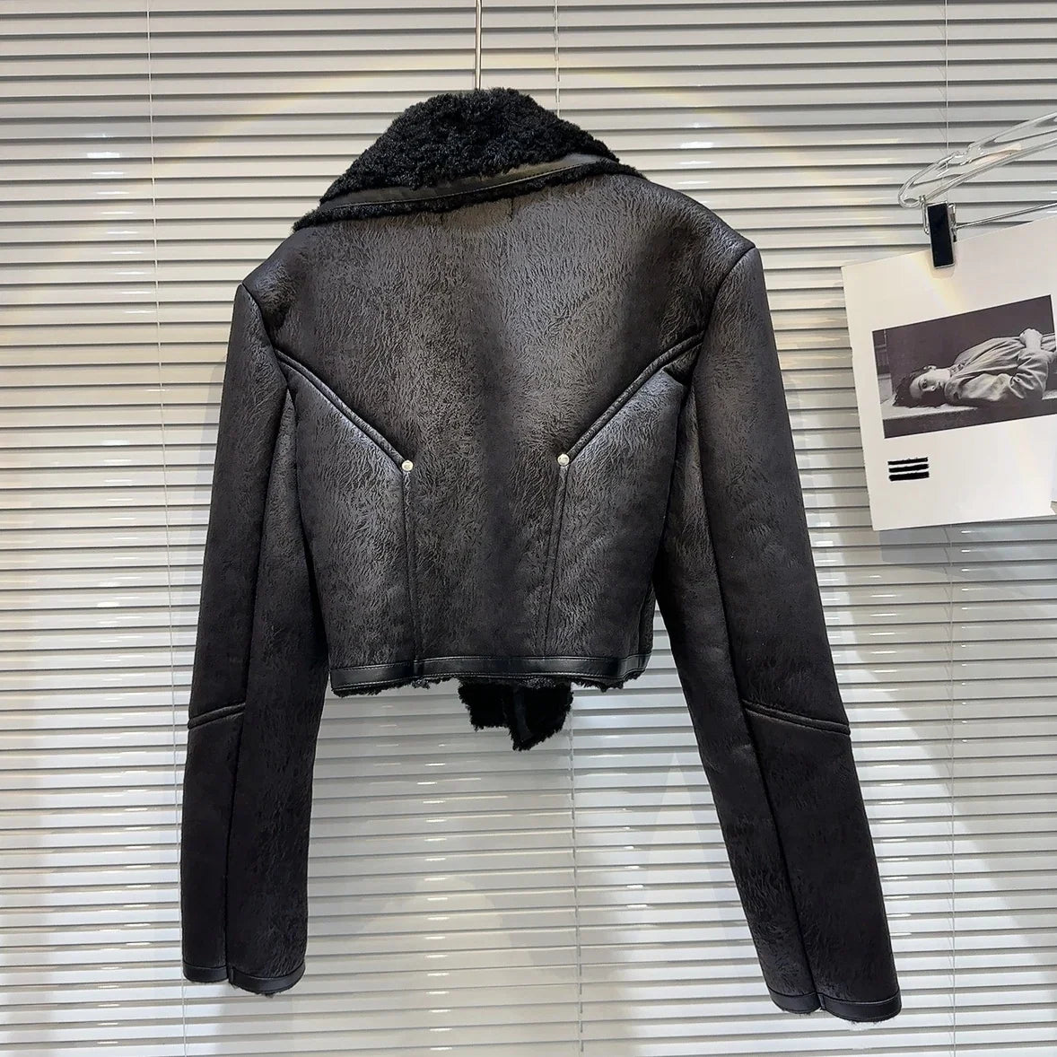 Faux-Leather Shearling Moto Jacket Cropped Winter Biker Coat
