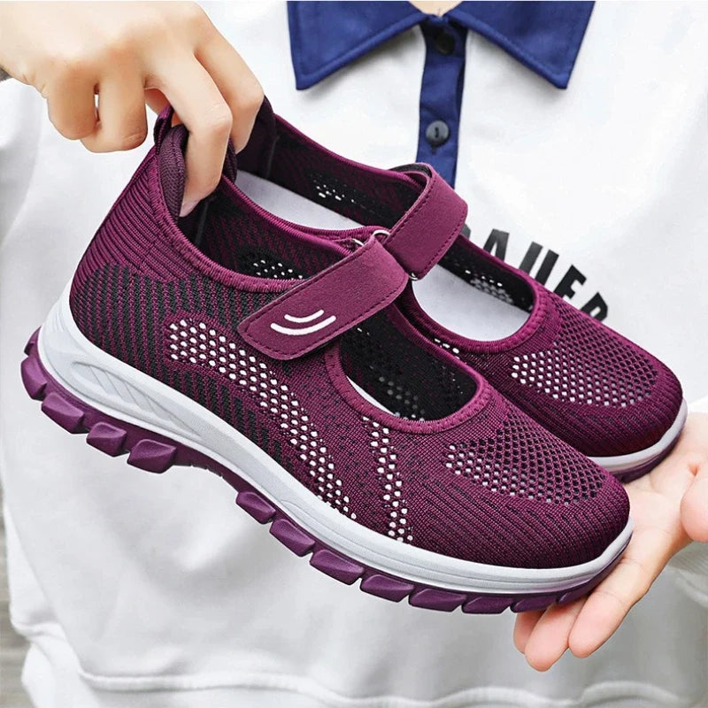 Summer Ladies Breathable Mesh Sport Shoes Lightweight Velcro Slip On Thick Sole Non Slip Elderly Women Walking Casual Sneakers