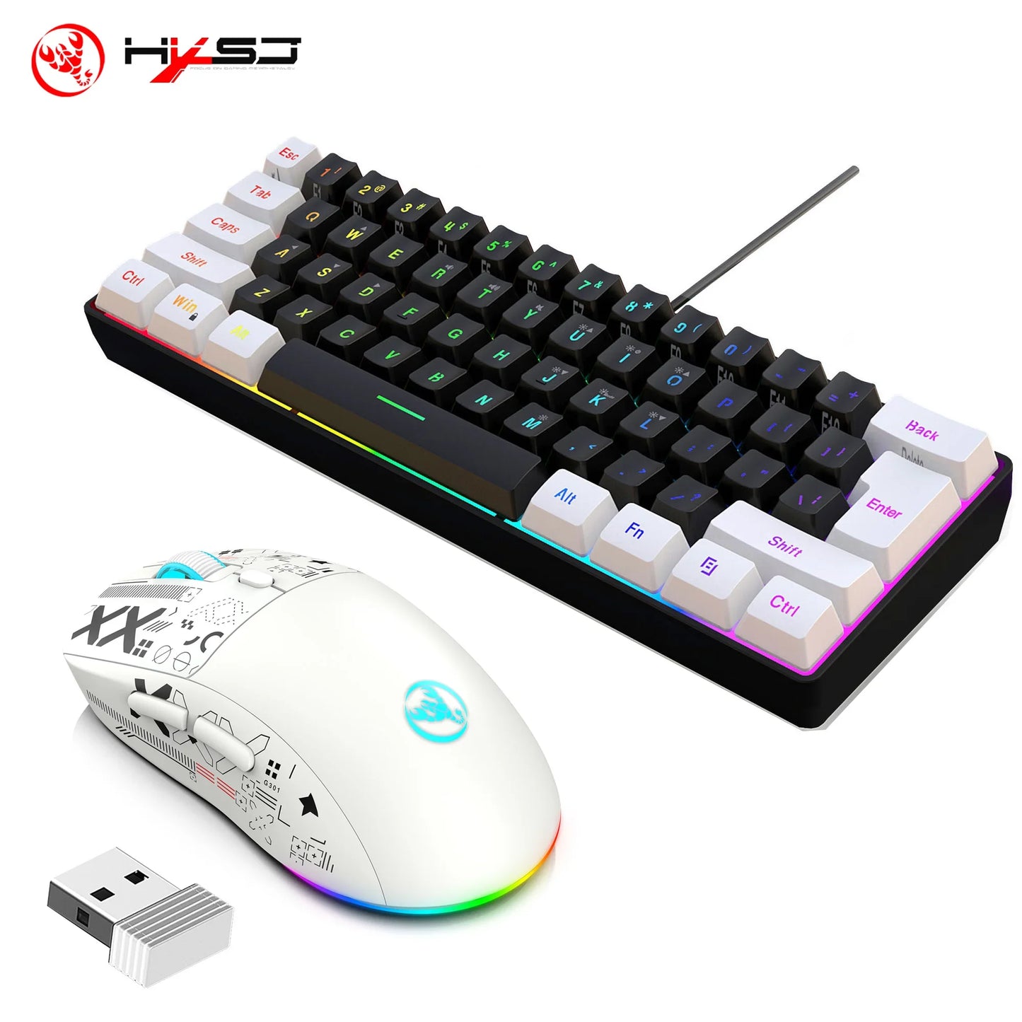 HXSJ-60% RGB Backlit Gaming Keyboard and Mouse Set 61-Key Wired Keyboard 3-Mode Optical Gaming Wireless Mouse for Laptop PC