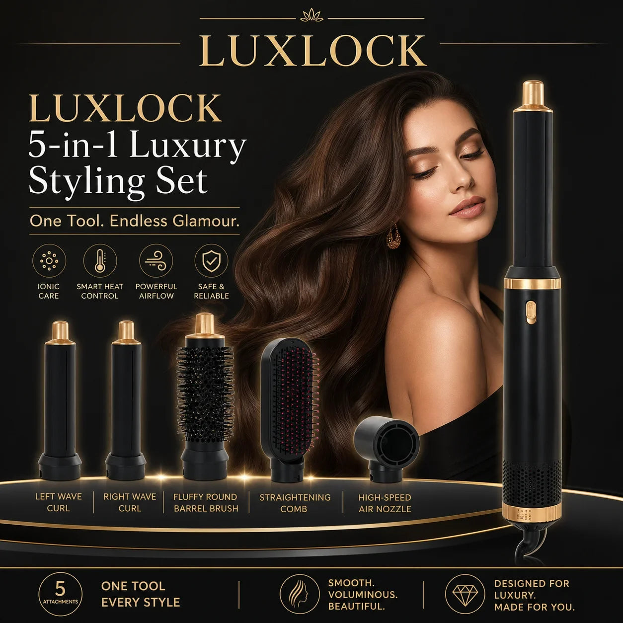 LUXLOCK Professional 5-in-1 Curler Set Multi functional Straightener Hot Air Comb Hairdryer Styling Set Wave Curler Ladies' Gift