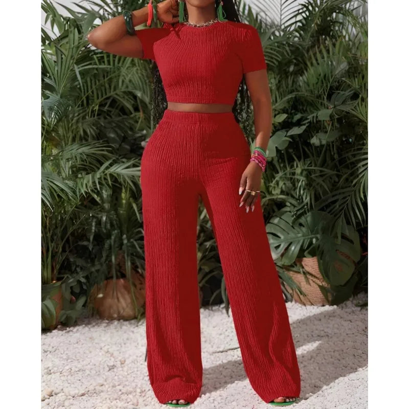 Casual Sports Set For Women Sexy Slim Short Sleeve O Neck Tops+High Waist Wide Leg Pants 2 Piece Sets Women's Clothing Holiday