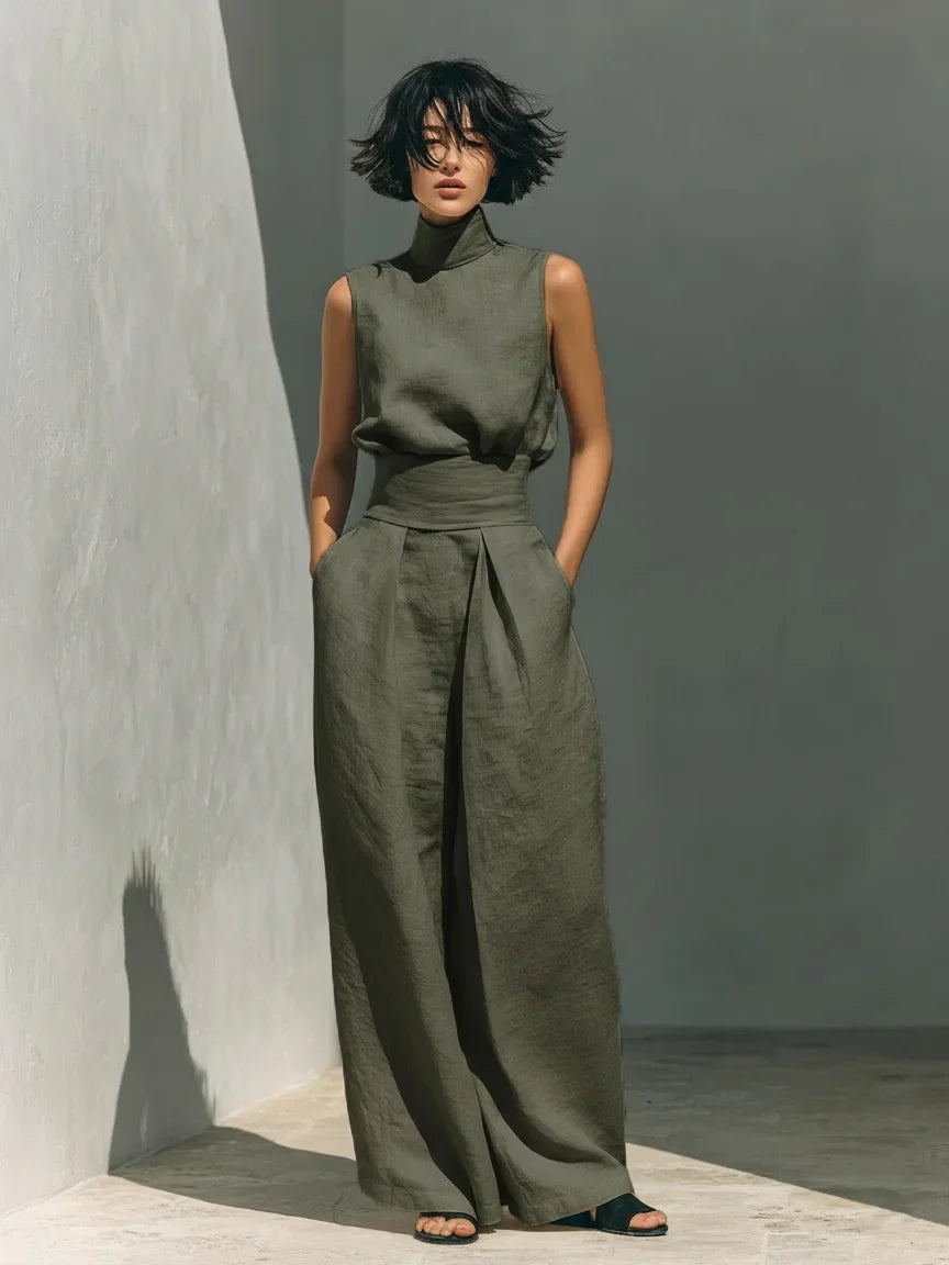 Women's Elegant Commuting Two-piece 2026 Fashionable High Neck Sleeveless Top Paired With Casual High Waisted Wide Leg Pants Set