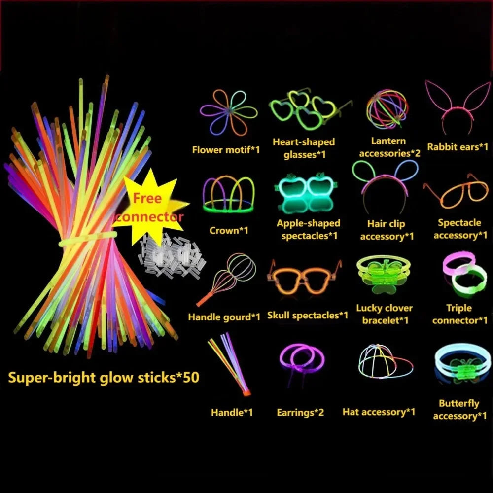 50/100PCS Glow Stick Set with 17 Accessories DIY Perfect for Vibrant Party Supplies for Concert Halloween Festivals Events‌ Part