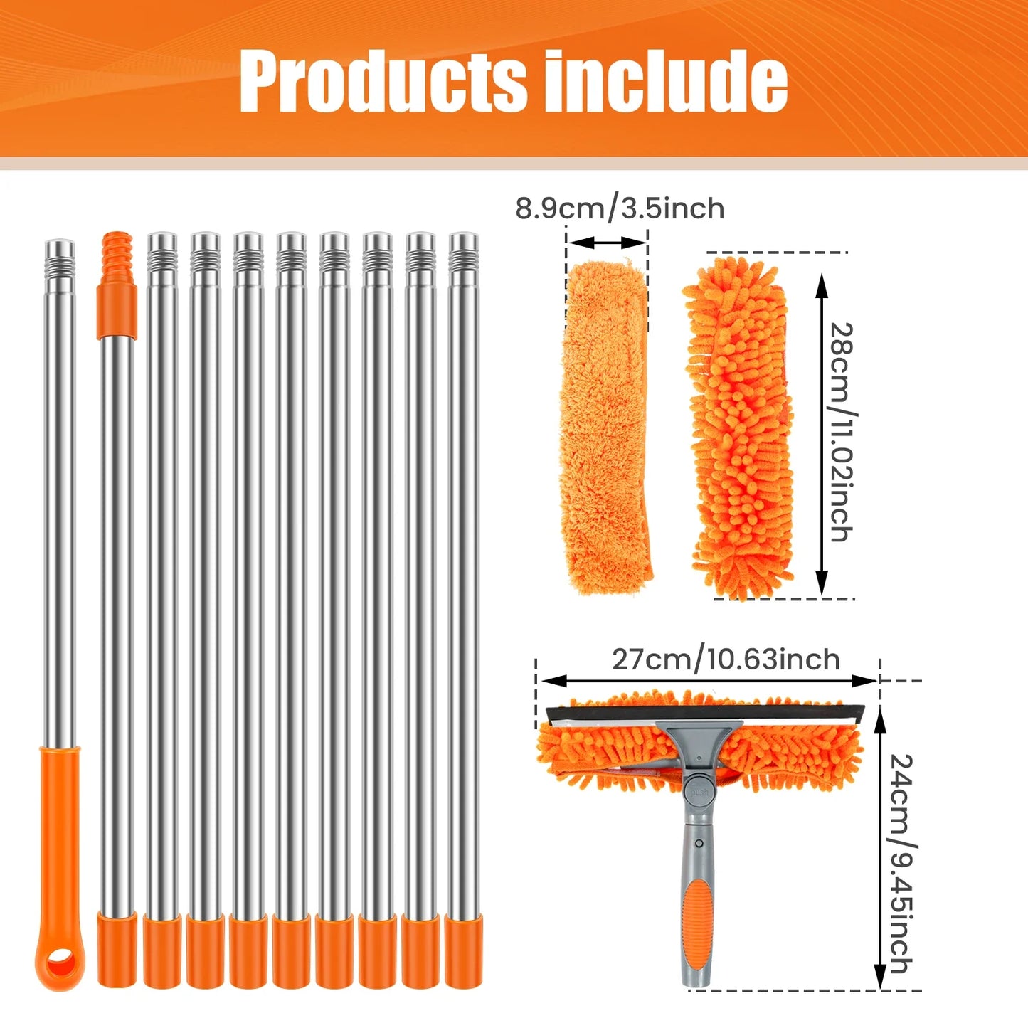 100-420CM Extended Window Cleaning Kit 2 in 1 Double Sided Glass Squeegee Cleaner Duster Mop 180° Swivel Window Cleaning Tools