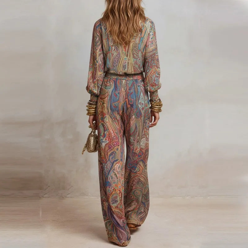 Retro Boho Printed 2 Piece Set for Women 2026 V Neck Top + Wide Leg Trousers Elegant Outfit Suit Casual Loose Suit Outfit