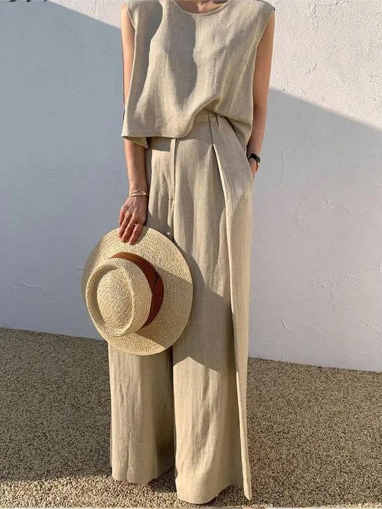 Lady Casual Loose 2 Piece Sets Fashion O-Neck Sleeveless Pullover Tops+wide Leg Pants Two Piece Sets For Women Summer Office New