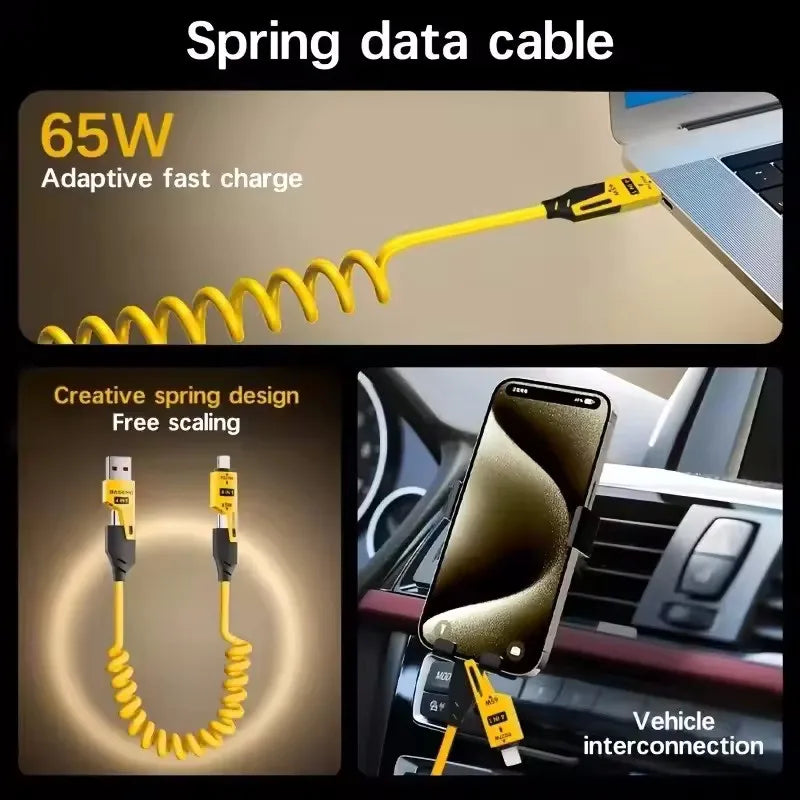 4 in 1 65W Spring Short Data Cable 6A USB Type C Spring Telescopic Quick Charger Wire Spring USB Cable for iPhone 16 15 14 13