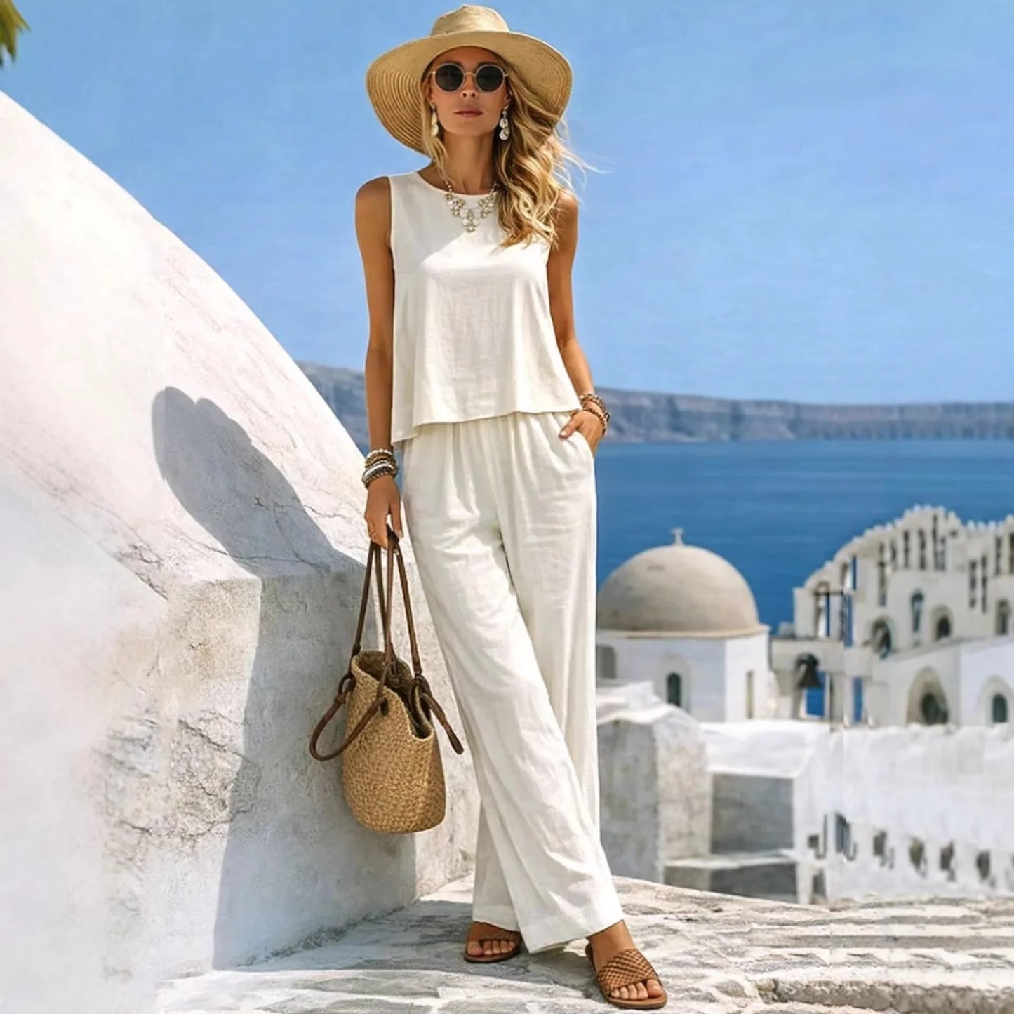  Women Vacation 2 Piece Outfit Sleeveless Tank Loose Top Pockets Wide Leg Pants Cotton Linen Blend Casual Summer Beach Wear