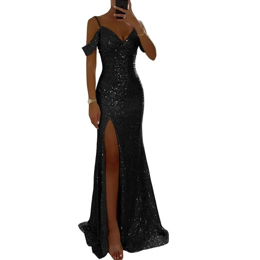 Vestido de mujer con lentejuelas, tirantes, sexy, brillante, lentejuelas, hombros descubiertos, cuello en V, abertura lateral, vestido de fiesta, vestido de fiesta de boda, vestido largo