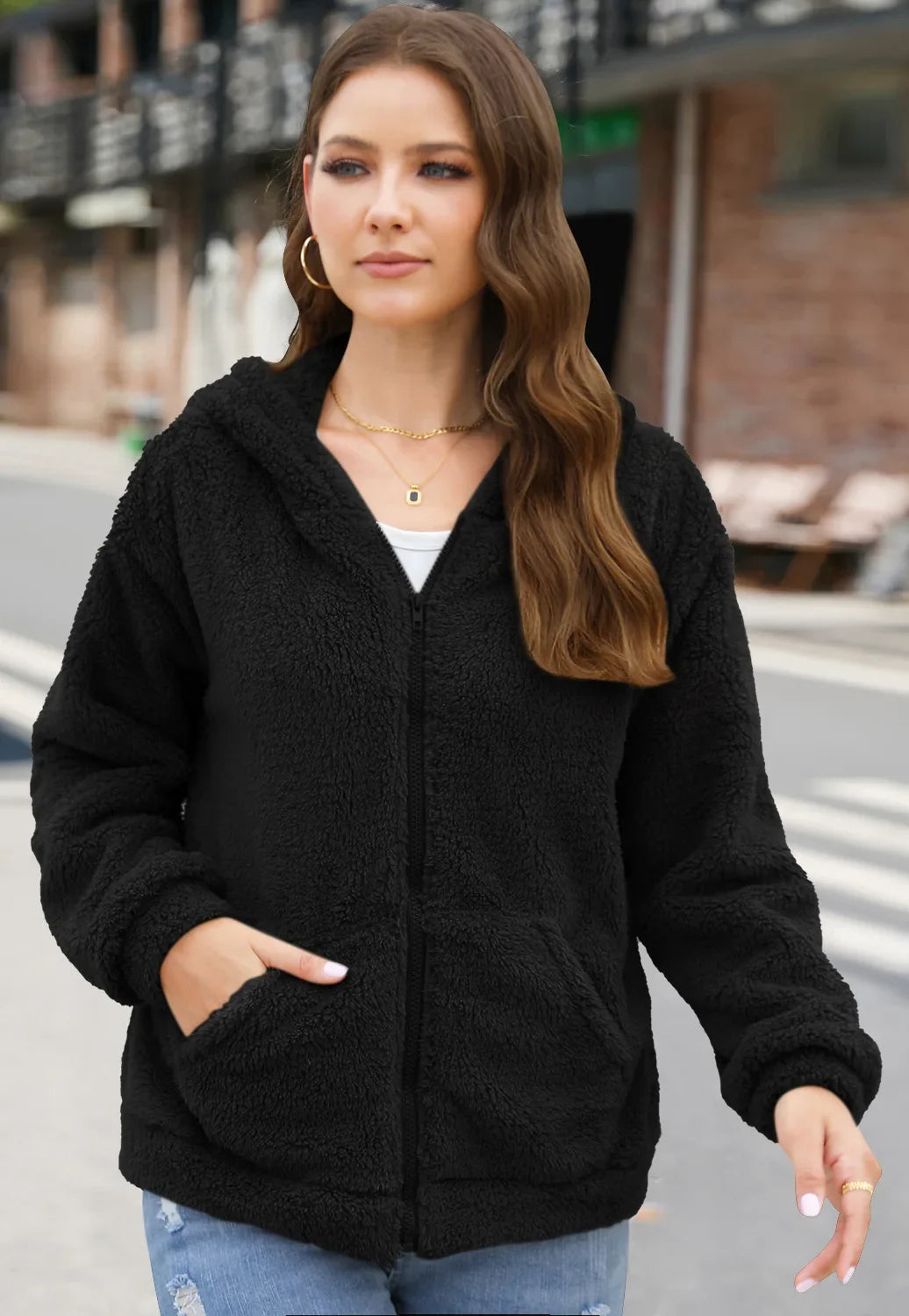 Phantasy Woman Hooded Fleece Coat Womens Casual Jacket Soft Heavy Autumn Winter Solid Hooded Jacket Ladies Outwear Overcoat