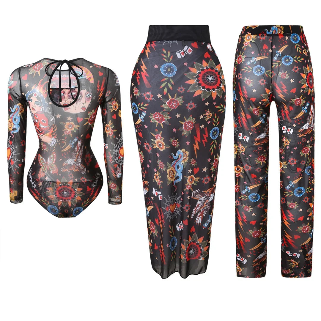 S - XXL 3PCS New Printed Long Sleeve With Pants Sarong Women Swimwear One Piece Swimsuit Female Bather Bathing Suit Swim V7180