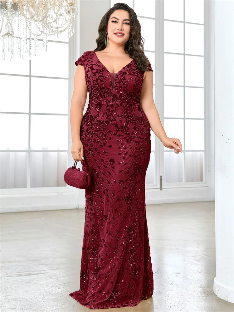 BLUEPLUM Tallas Grandes Elegante Vestido de Noche Azul Para Mujer 2024 Lujoso Sirena Largo Formal Lentejuelas Escote en V Fiesta de Graduación Boda
