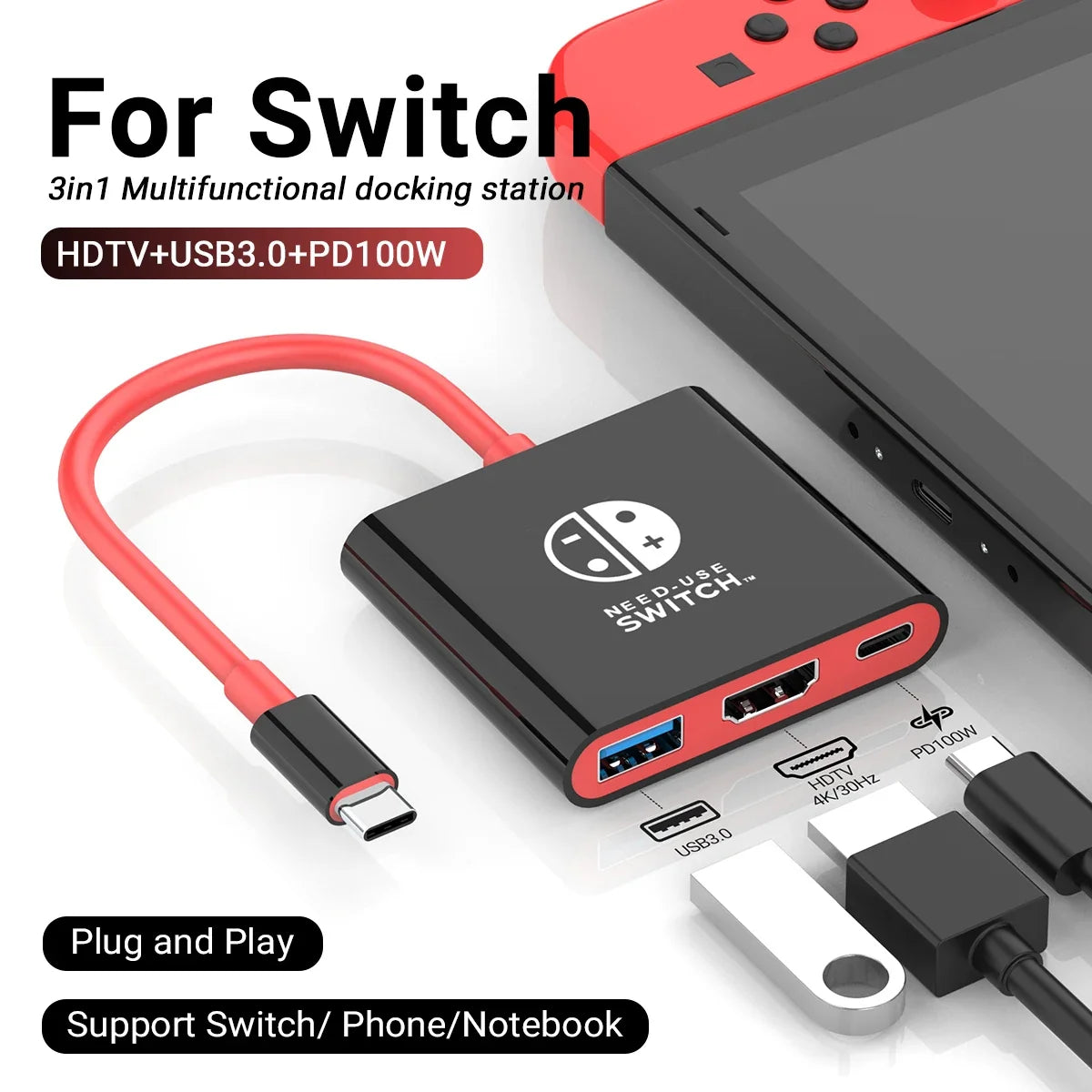 3 in 1 USB C Docking Station 4K HDMI GAME HUB Adapter 100W PD USB 3.0 Hub for Switch, MacBook & Phones