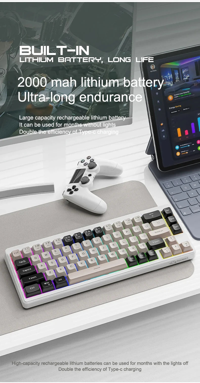 FREEWOLF M68 Wireless Keyboard and Mouse Set Multidevice Connection 68 Keys Mini Keyboard and A3 Mouse Kit PBT keycaps Backlight