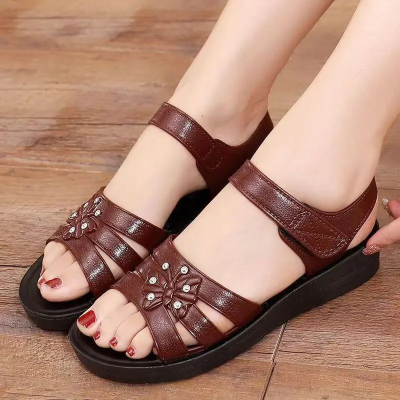 2024 New Women's Summer Open Toe Hollow Flat Sole Sandal Soft Sole Non Slip Hook Outdoor Beach Sandal Lightweight Elderly Sandal