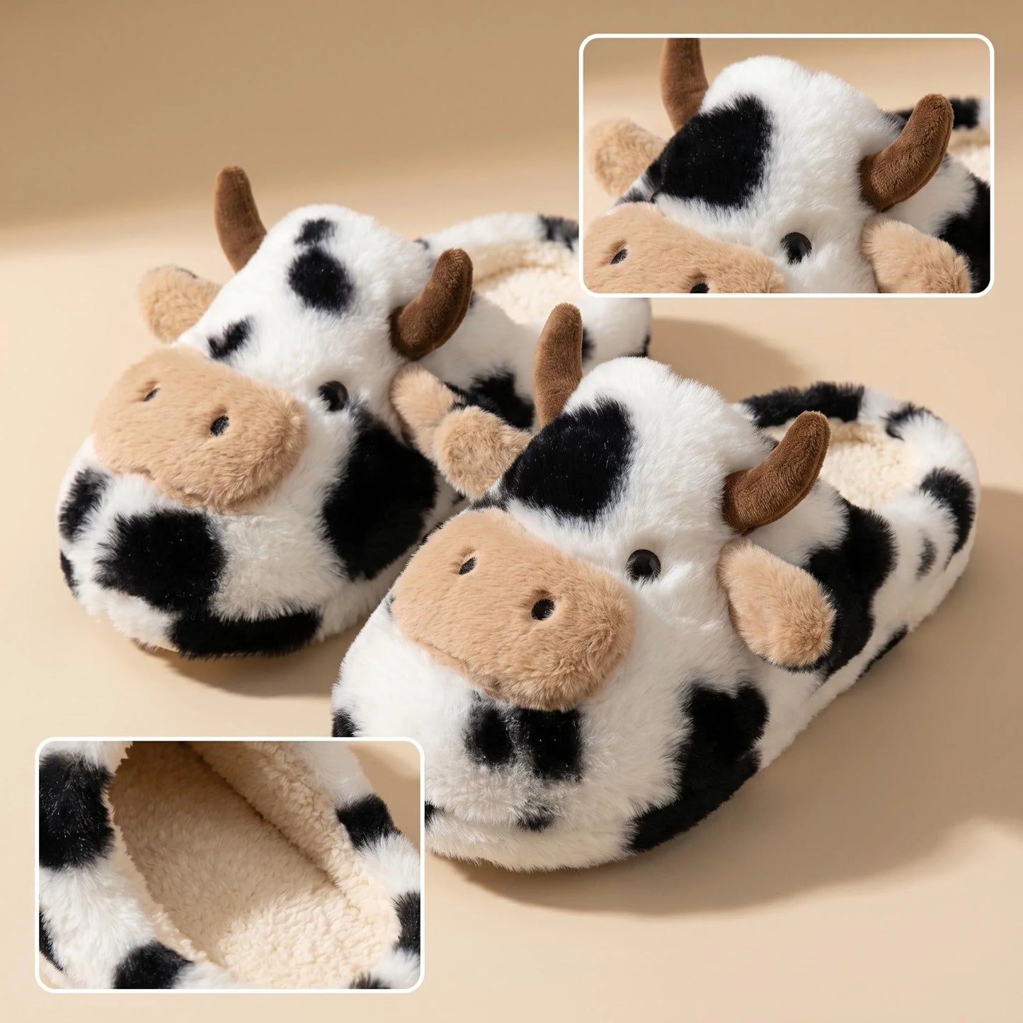 A Pair of Cute Cartoon 3D Cow Plush Slippers for Women, Comfortable Fluffy Home Slippers with Soft Soles for the Bedroom, Cute 3D Milk-Themed Warm Non-Slip Indoor Slippers, Lightweight and Silent Comfortable Shoes for Women, a Top Choice for Holiday Gifts