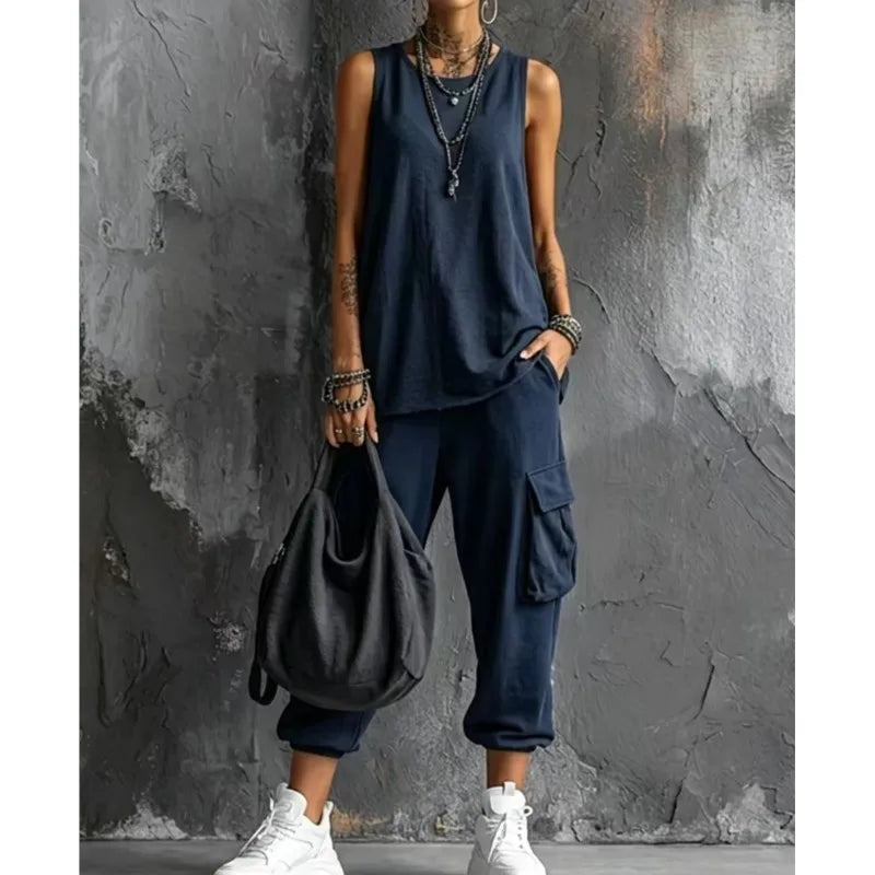 Solid Color Sports Two-piece Set Summer Fashion Sleeveless Top+wide Leg Pants Suit With Pockets Ladies O-neck Streetwear Outfit