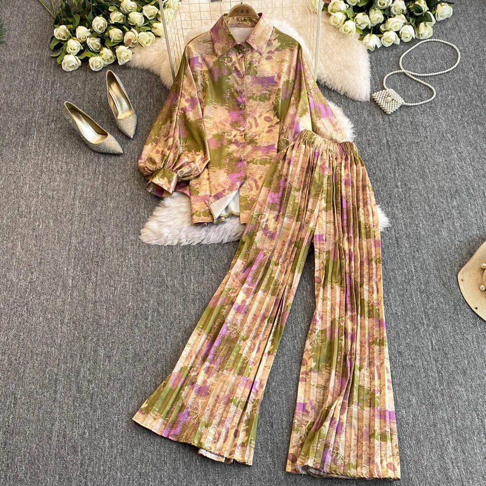 Elegant For Women's Fashion Sets Casual Long Sleeve Shirt Straight Pants Suit Female 2024 Loose Print Tops Two Pieces Outfits