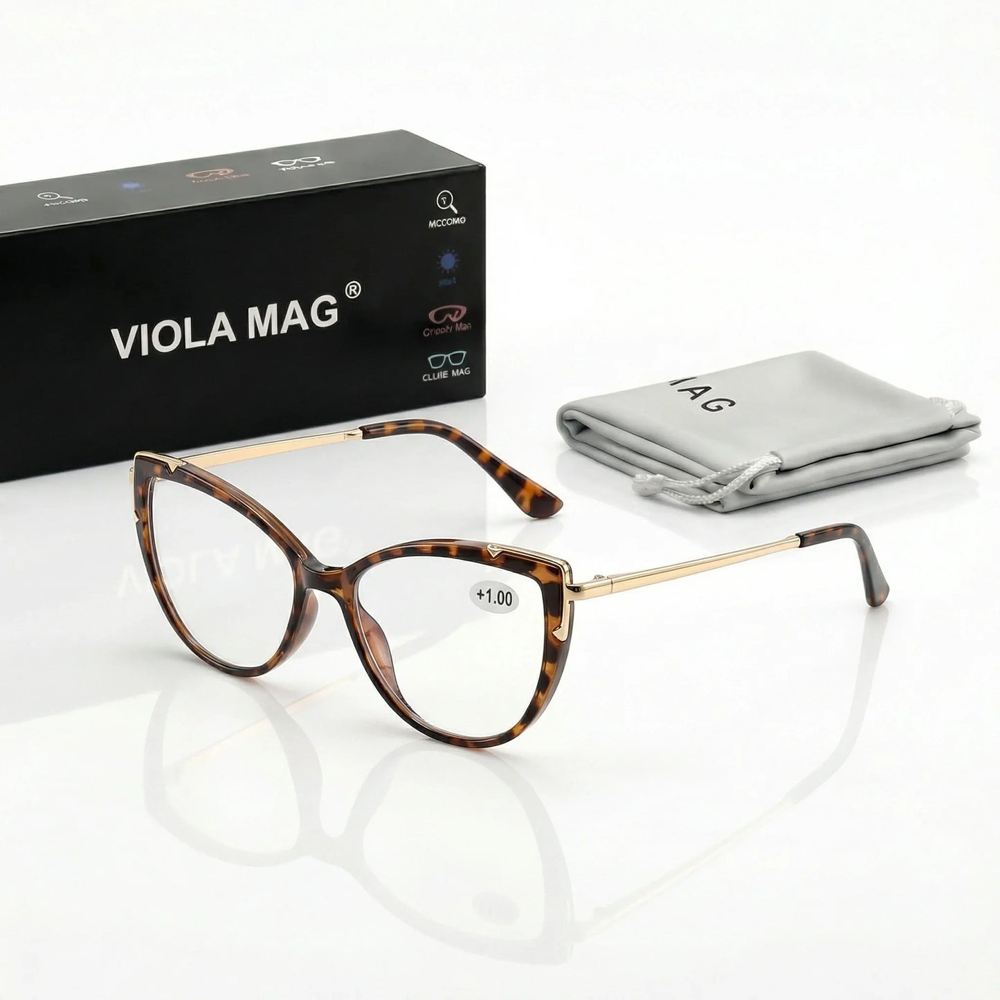 VIOLA MAG Vintage Cat Eye Reading Glasses, Metal Anti Blue Light Glasses, Women's Daily Commuting, Glasses Bag