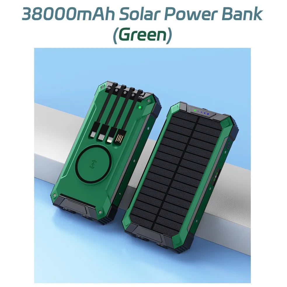 Solar Power Bank 38000mAh, Portable Solar External Battery Pack Built-in 4 Cable, 22.5W Portable Charger for Camping and Outdoor